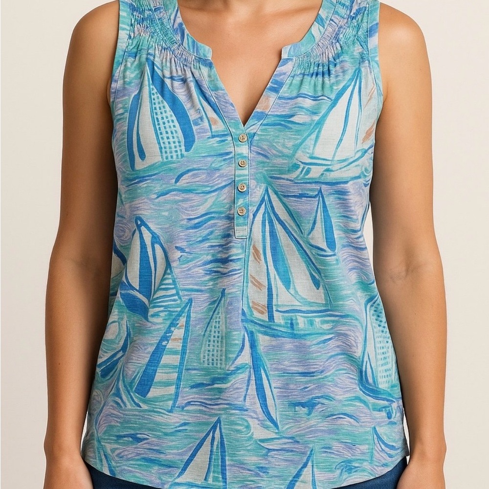 Lilly Pulitzer Sailboat Print Sleeveless Top‎ Size L | Coastal Summer Tank